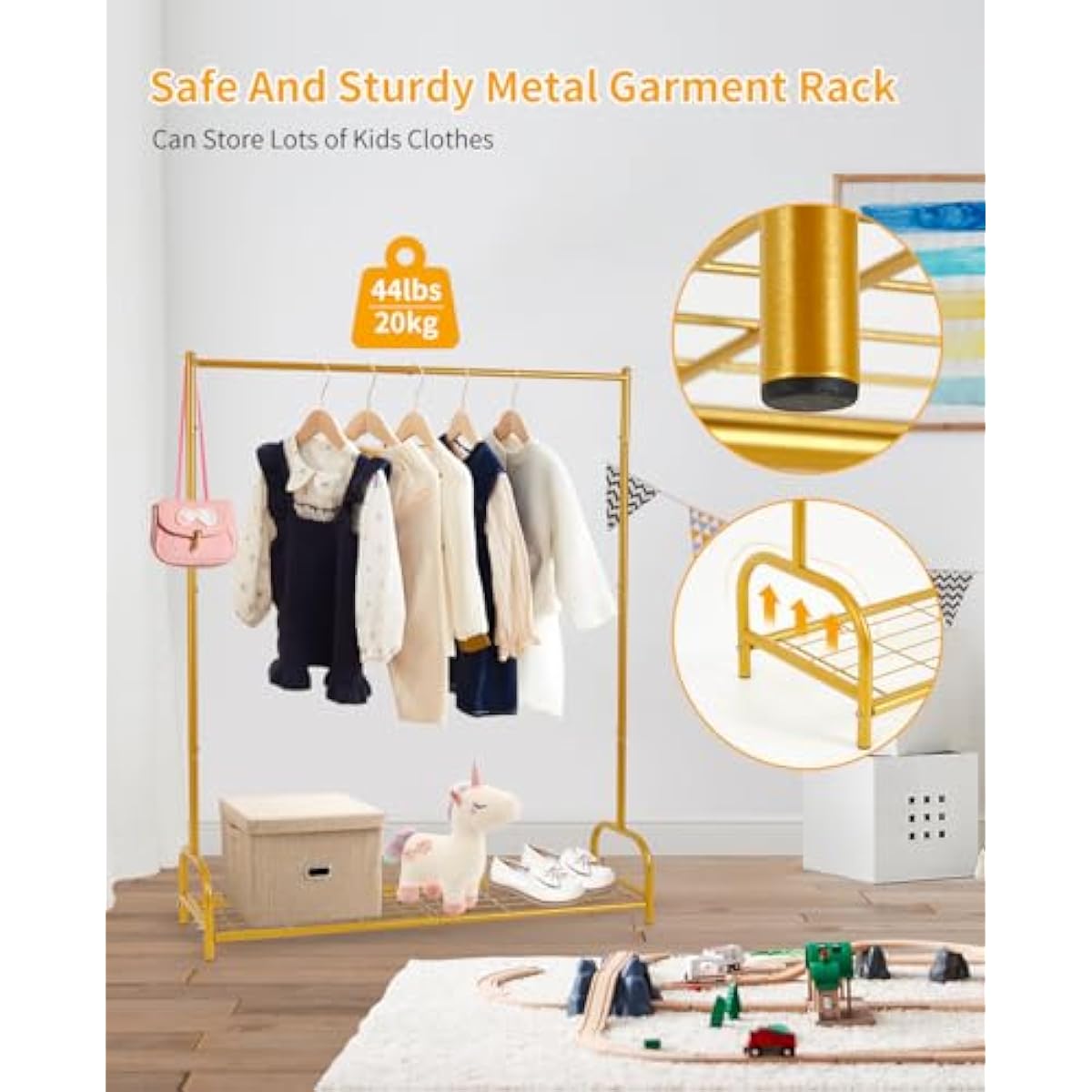 AUPSEN Kids Clothing Rack with Bottom Storage Shelf, Metal Toddler Dress Up Rack for Little Girls, Kids Dress Up Clothes Storage for Coats, Skirts, Dance Costume（Gold）