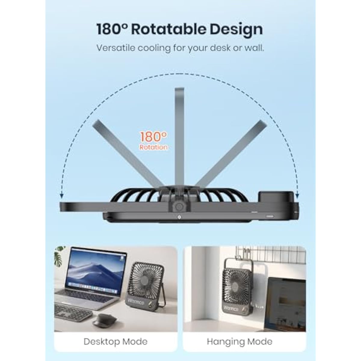 Warmco 10000mAh Portable Travel Fan 7-inch, Max 24H Runtime, Ultra-thin Quiet Rechargeable Battery Operated Desk Fan with Digital Display for Camping, Office, Bedroom, Cruise Essentials
