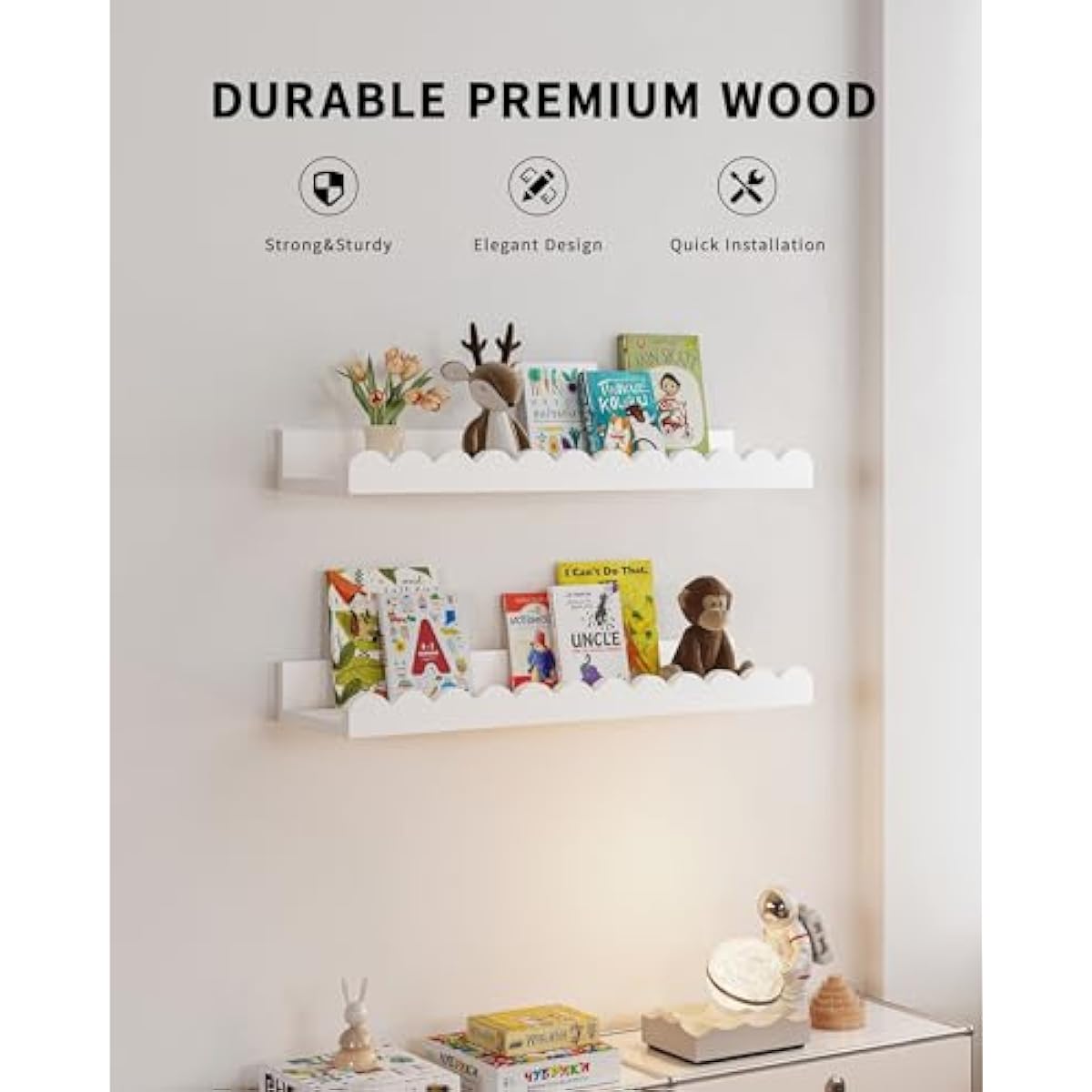 Shario Nursery Book Shelves, 4-Pack White Floating Shelves for Wall Kids, Scalloped Shelves, Wall Book Shelves for Bedroom Kids, Toddler Room, Baby Room, Nursery Decor