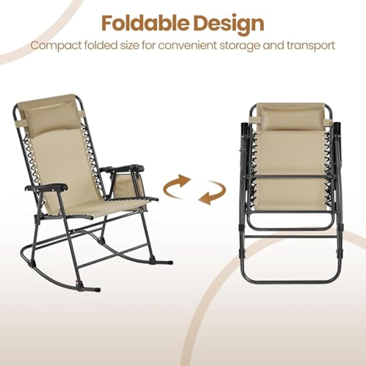 Yaheetech 26in Rocking Chair Outdoor Zero Gravity Folding Chairs Rocking Chairs Foldable Outdoor Reclining Lounge Chair for Outside Lawn with Cupholder/Pillow Ergonomic Design for Rest, Beige