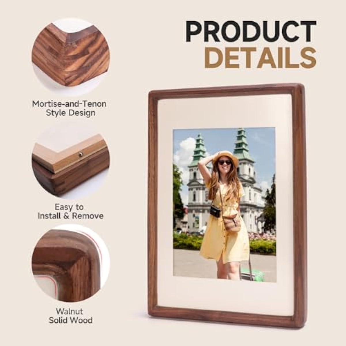 Solid Walnut Picture Frame for Instax Wide & Square Photos, Small Solid Wood Photo Frame with Joinery Corners, Tabletop Display (Walnut, For 4.2x3.5/4.3x3.4 Photo)