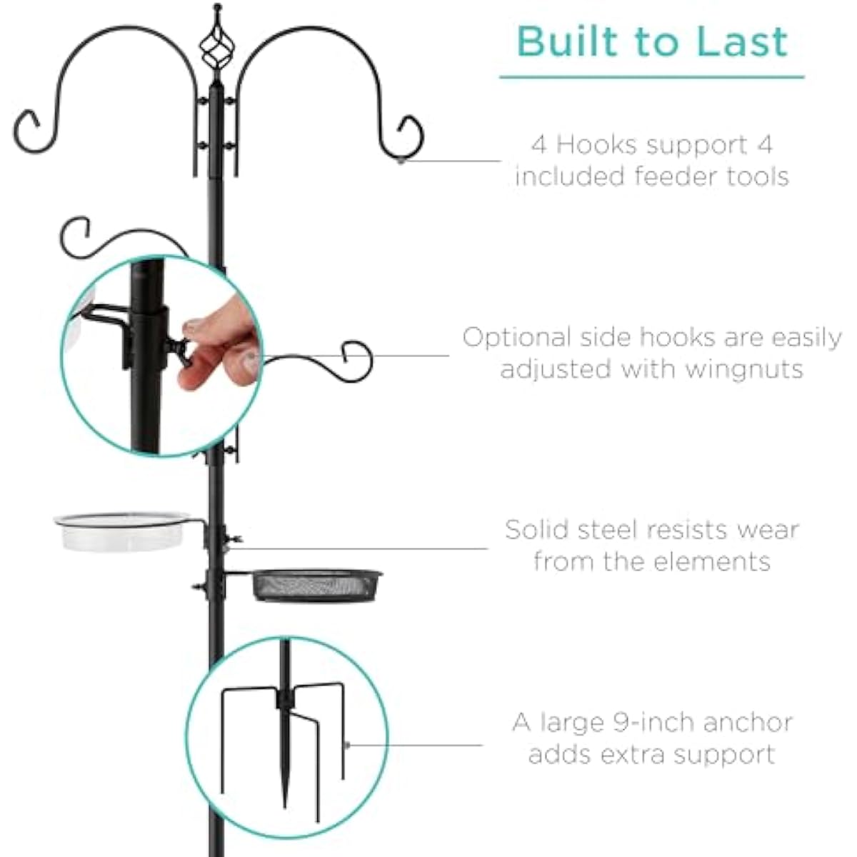 Best Choice Products 91in 4-Hook Bird Feeding Station, Steel Multi-Feeder Kit Stand for Attracting Wild Birds w/ 2 Bird Feeders, Mesh Tray, Bird Bath, 4-Prong Base - Black
