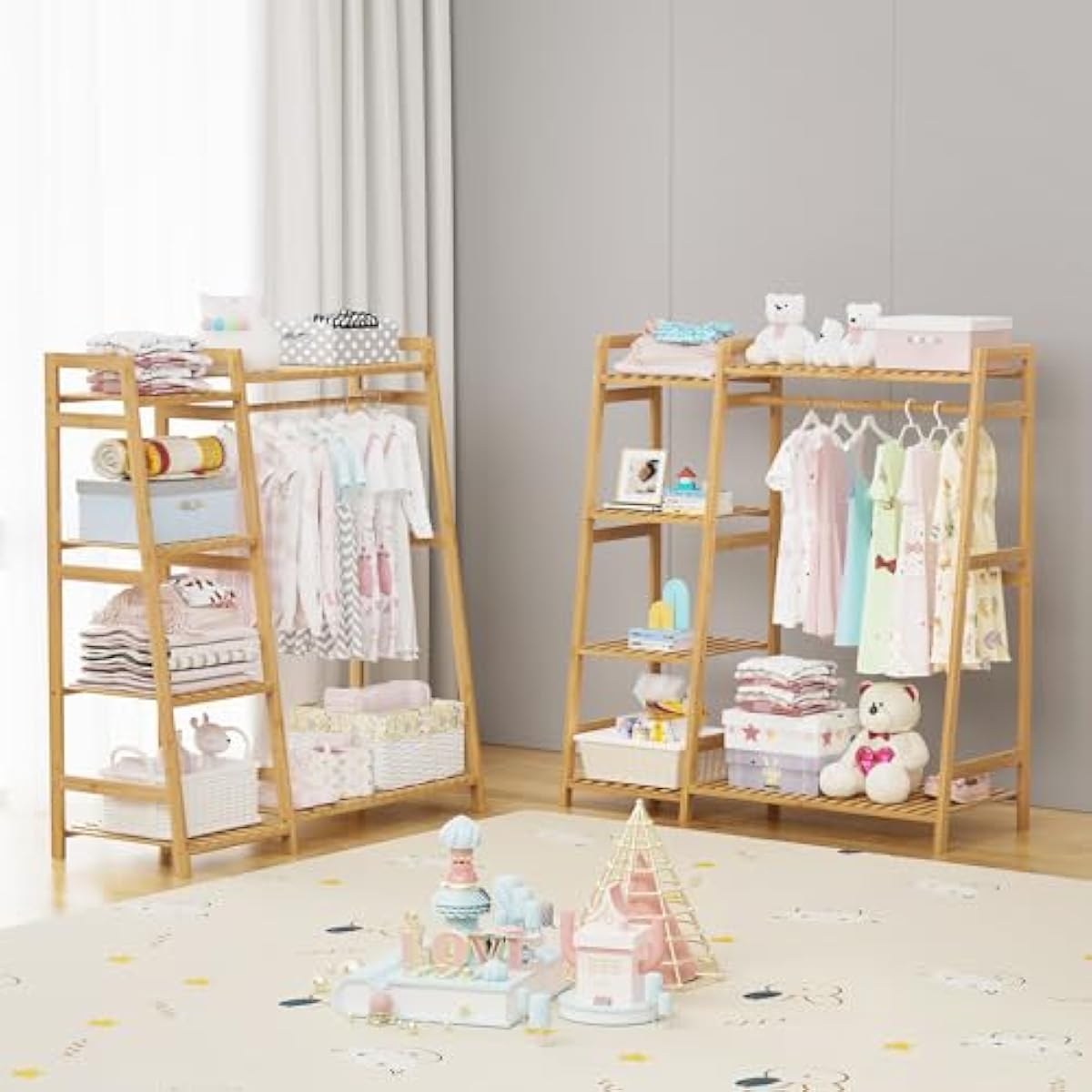 Kids Clothing Rack with Shelves, Bamboo Clothes Garment Rack for Kids Child Baby, Kids Dress Up Storage Rack with Top Shelf, Toddlers Wardrobe Closet for Nursery (Medium Size)