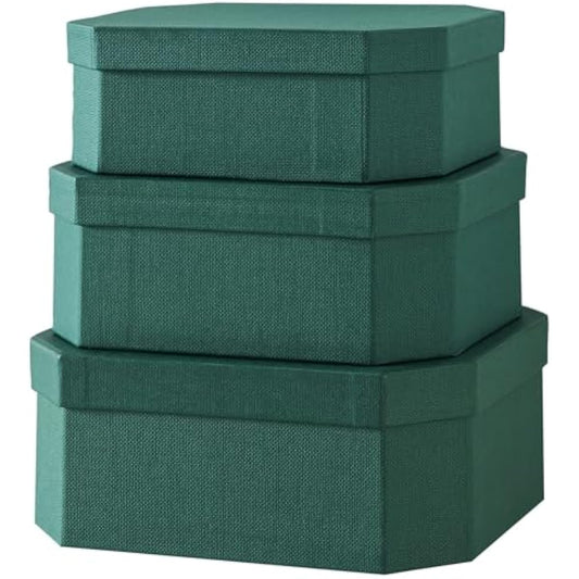 Soul & Lane Octagon Textured Decorative Boxes for Organizing, Set of 3 Nesting Cardboard Storage Containers for Gifts, Durable Memory Boxes for Keepsakes, Forest Green