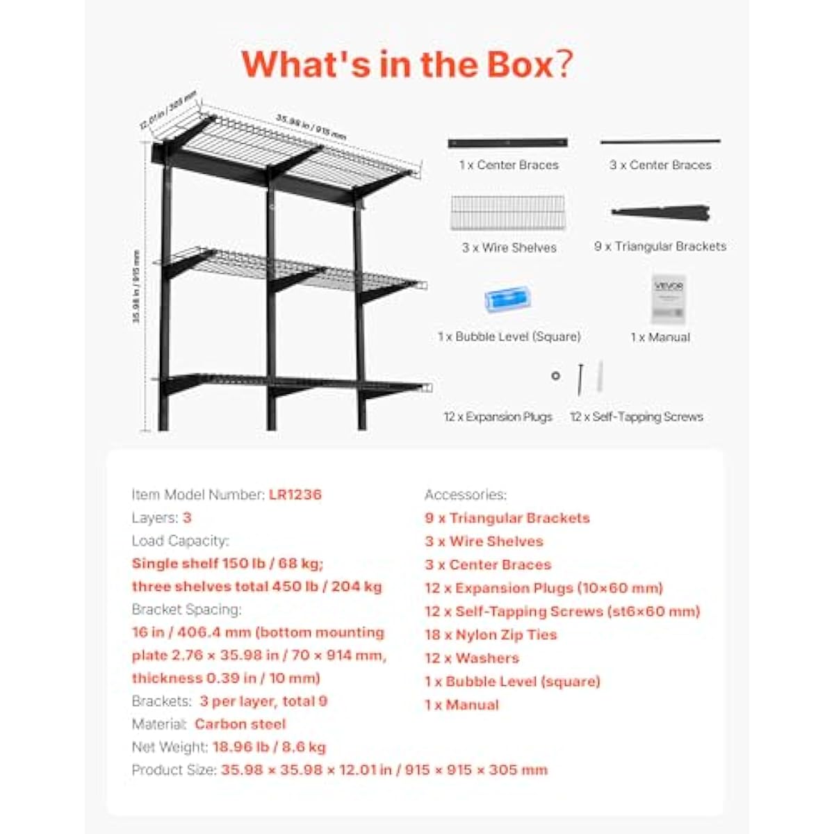 VEVOR 3-Tier Heavy Duty Wall Garage Shelving, 1 x 3 ft Steel Wall Mounted Shelving Unit, 11 x 36 Inch Per Shelf Floating Storage Metal Rack for Garage with 450 lbs Total Weight Capacity, Black