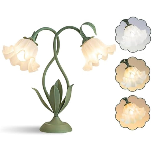 Cute Flower Table Lamp, Large Vintage Bedside Flower Lamp, 3 Colors Temperature Flower Lamp for Bedroom Living Room Bedside Reading Lighting Table Desk Lamps Home Decoration (Green)