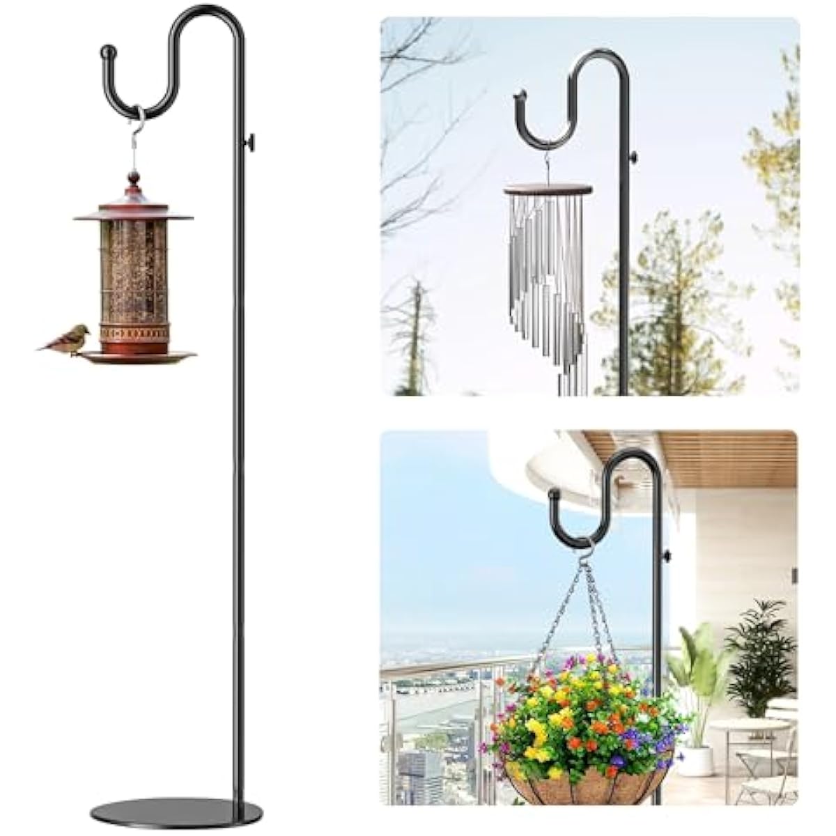 74" Shepherds Hook Stand for Plant: Hanging Bird Feeders, Plants, Lanterns, Wreath and Wind Chimes, Adjustable Free Standing Pole Holder with Heavy Duty Base for Indoor & Outdoor, Holds Up to 20 LBS