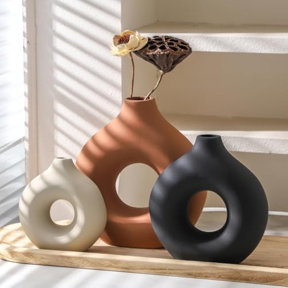 Ceramic Vase Home Table Decor - Flower Vases Set of 3 Small Living Room Centerpiece Decorations for Shelf Bedroom Office Kitchen Dining Desk Modern Aesthetic Farmhouse Decorative (Rust)