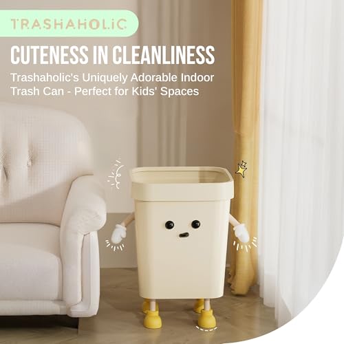 4.2-Gallon Cute Kids Trash Can - Durable Waste Basket Perfect for Kids Rooms, Classrooms, Pediatric Clinics - Beige Square-Shaped Trash Bin w/Arms & Legs - Comes with Removable Trash Bag Holder