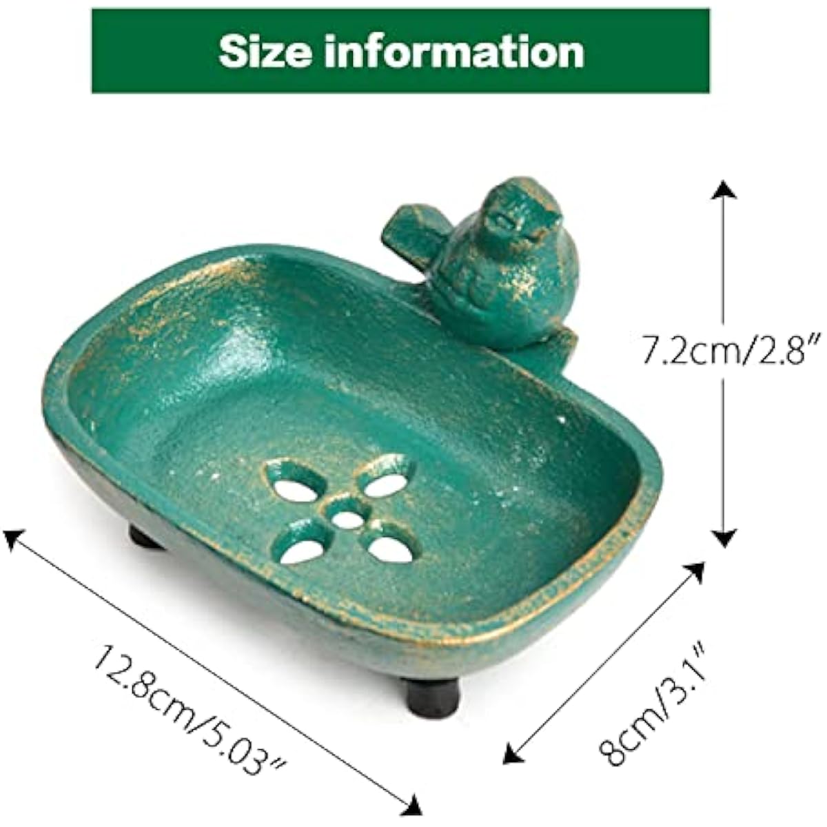 Sungmor Heavy Duty Cast Iron Hand Soap Holder - Lovely Bird Shaped & Antique Green Finish - Decorative Tabletop Soap Dish Tray for Kitchen Bathroom Sink - Practical Bath Soap Box Container