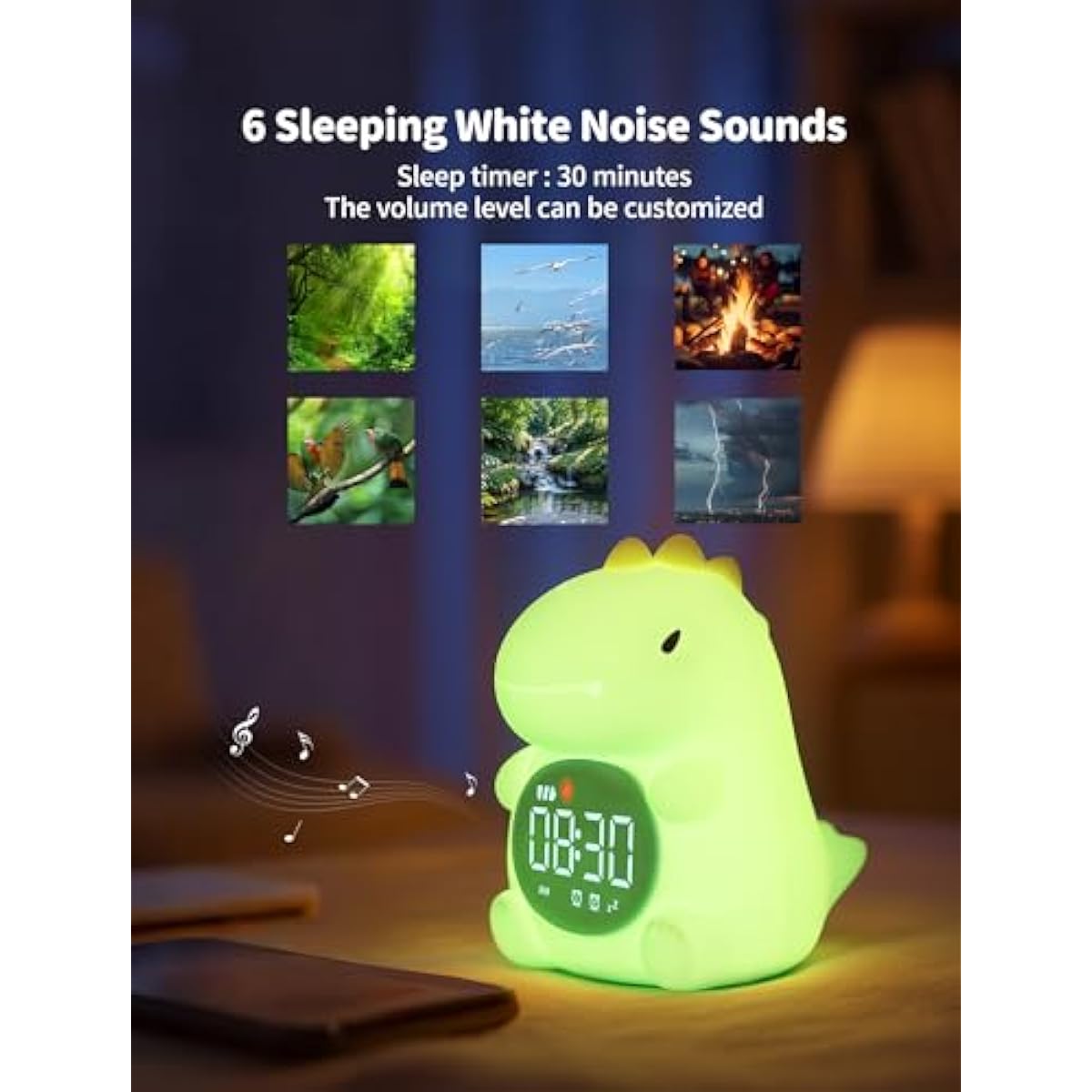 MASHI Dinosaur Alarm Clock with Night Light, Toddler Sleep Training Clock with Sun & Moon, Sleep Sound Machine, ok to Wake Clock for Kids, Digital Alarm Clocks for Bedrooms,Gift Ideas for Kids Child