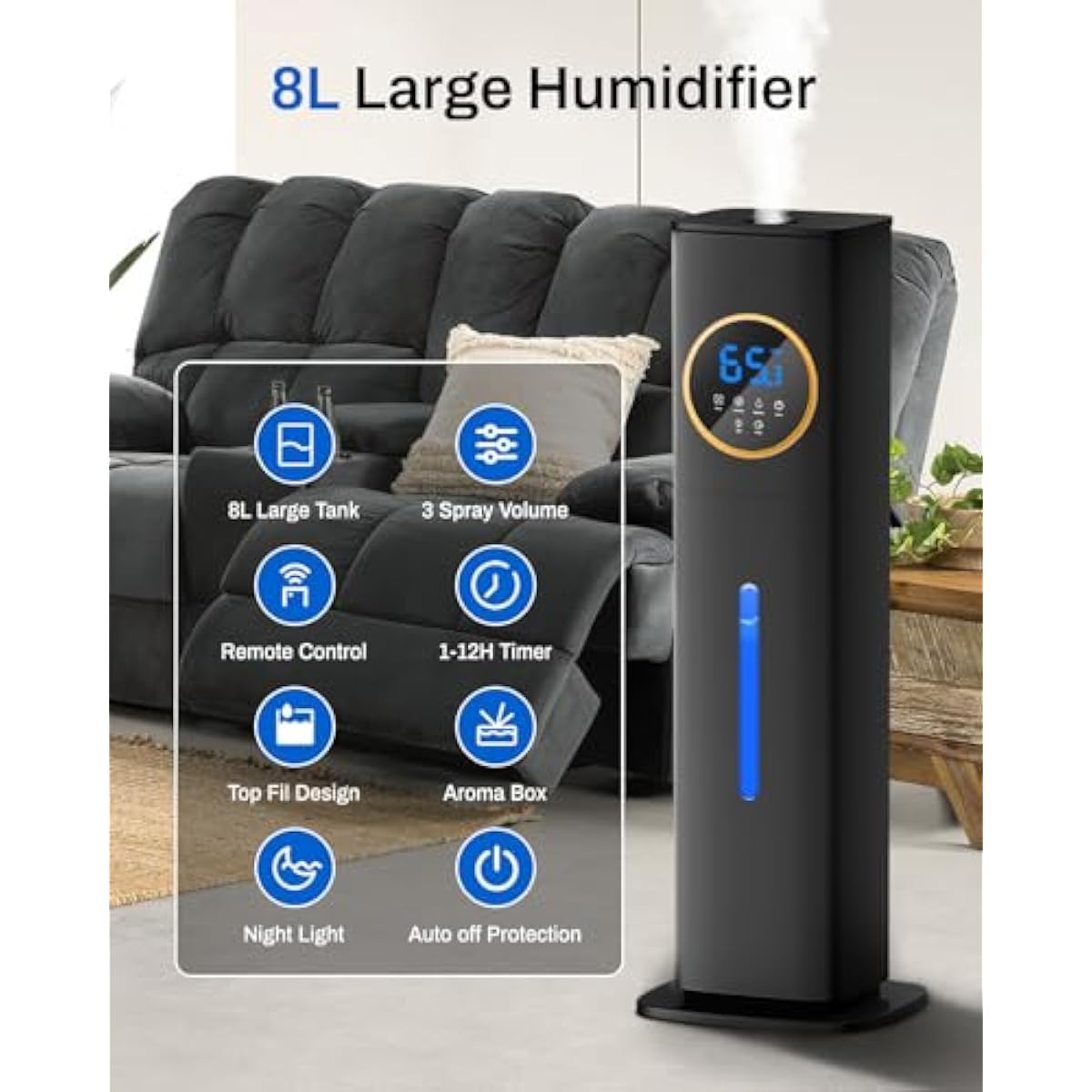 Humidifier Large Room Bedroom with Night Light, 2.1Gal(8L) Humidifiers for Home with Essential Oil Diffuser, Top Fill Whole House Cool Mist Humidifiers for Plants Baby Kids Adults(Black)