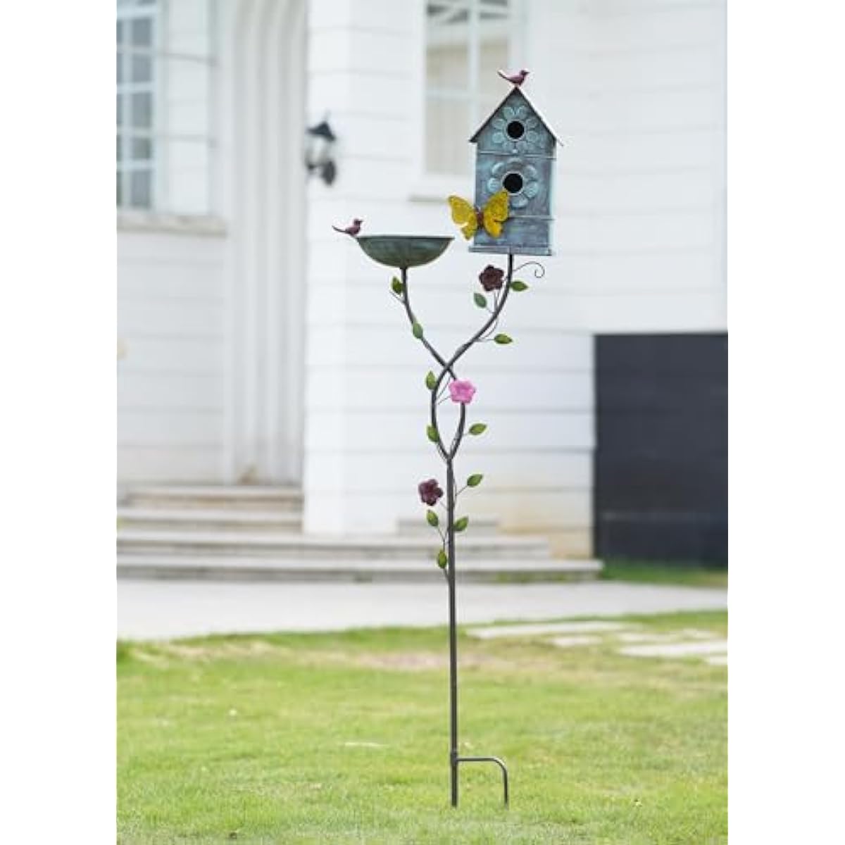 57" H Metal Bird Bath Bowl and Bird House 2-in-1 Design for Outdoors, Garden Yard Decor