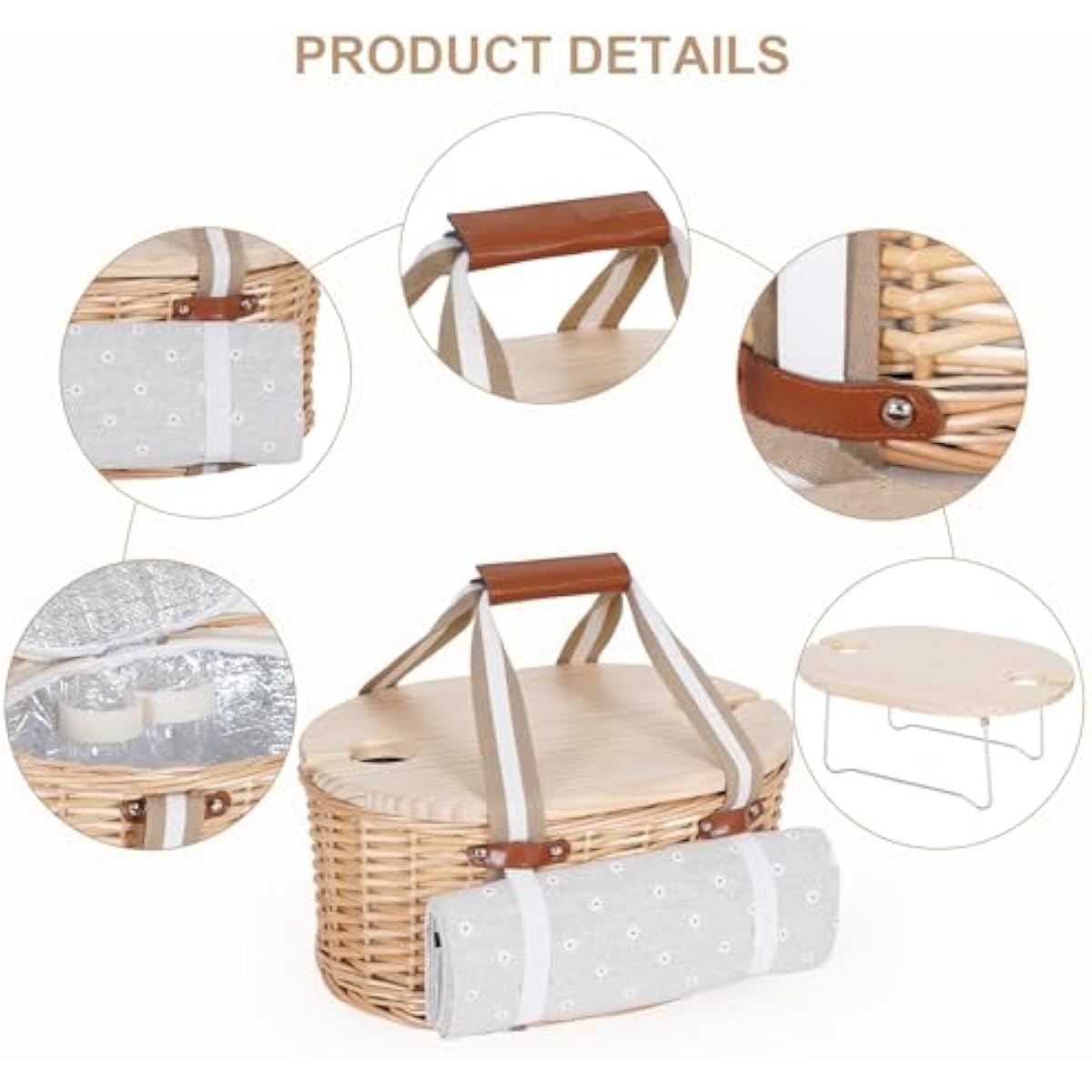 Picnic Basket Set for 2 - Wicker Insulated Picnic Basket with Waterproof Blanket, Folding Wine Picnic Table & Cutlery Kits, Picnic Baskets Kit for Camping, Outdoor, Valentine (White Flower)