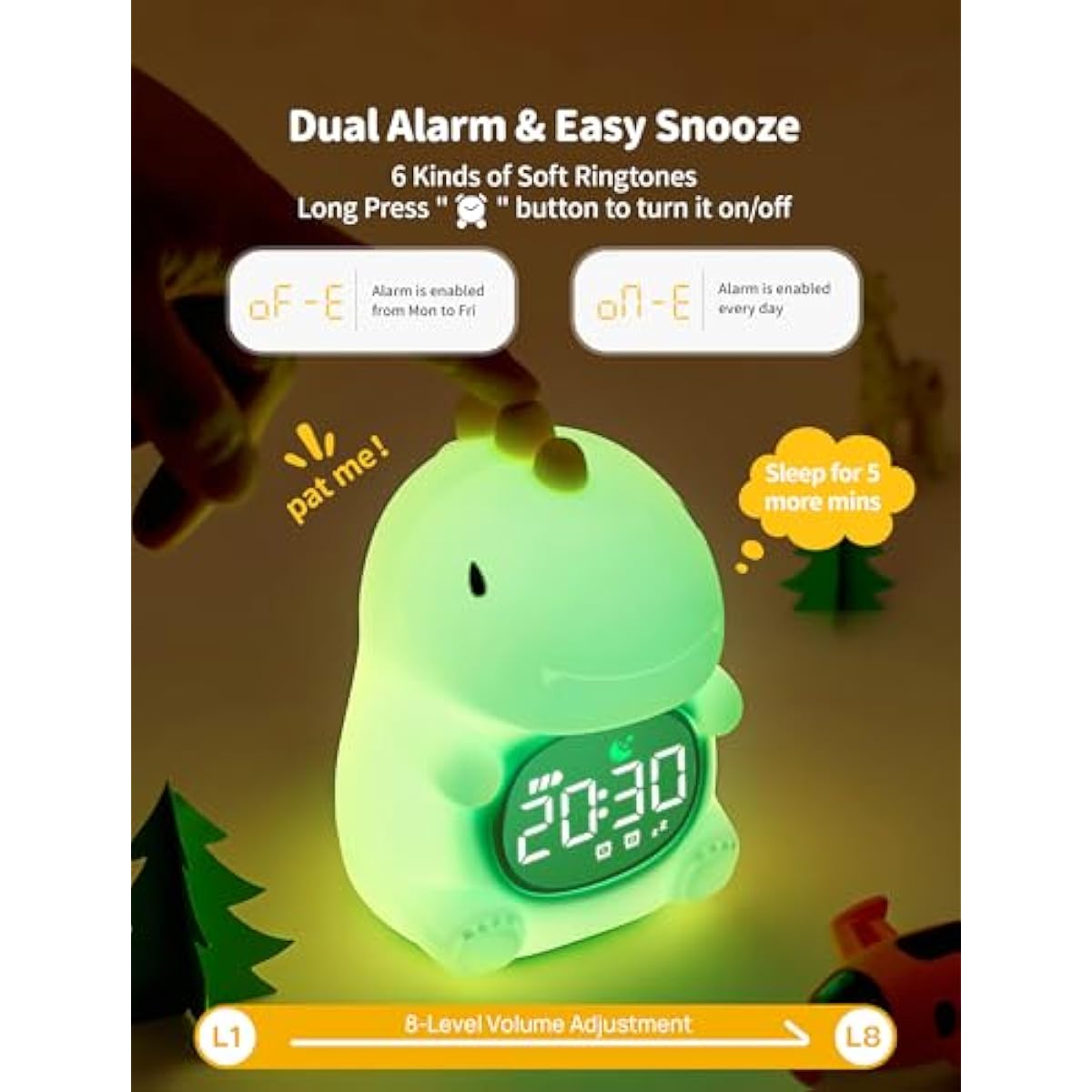 MASHI Dinosaur Alarm Clock with Night Light, Toddler Sleep Training Clock with Sun & Moon, Sleep Sound Machine, ok to Wake Clock for Kids, Digital Alarm Clocks for Bedrooms,Gift Ideas for Kids Child