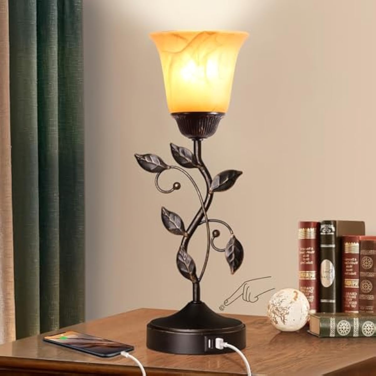 Touch Control Table Lamp with 2 USB Charging Ports, 3-Way Dimmable Bedside Nightstand Lamps, Amber Glass Shade Vintage Rural Leaf Lamp for Living Room, Bedroom, Dresser, LED Bulb Included (Bronze)