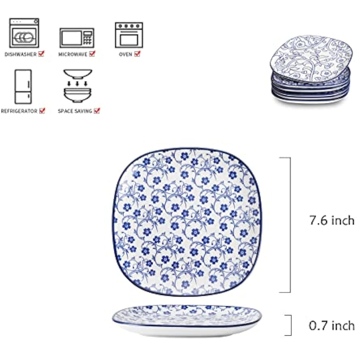 Selamica Porcelain Square Dessert Salad Pasta Plates 7.6 inches ceramic plates set of 6 microwave/dishwasher/oven safe, Vintage Blue