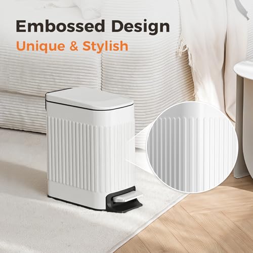 TrashAid Slim Bathroom Trash Can with Lid Soft Close, 6 Liter/1.6 Gallon Stainless Steel Small Garbage Can with Removable Inner Bucket, Step Pedal, Slim Wastebasket for Toilet, Office, Bedroom, White