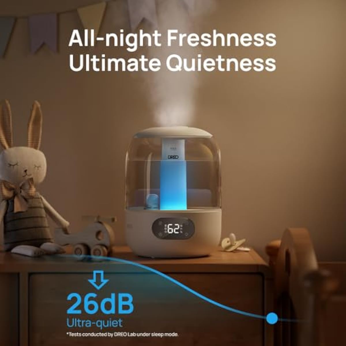 DREO Humidifiers for Bedroom, 3L Top Fill 30H & 26dB Quiet Runtime for Large Room, Cool Mist Ultrasonic Humidifier with Humidity Sensor, Night Light for Home, Baby, Nursery, Plants, New Edition