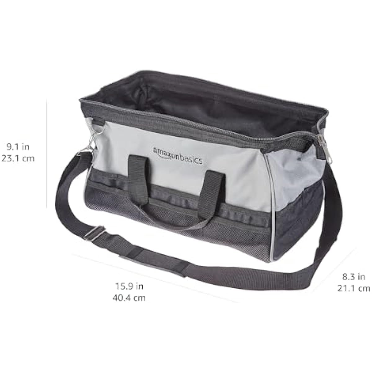 Amazon Basics Durable Wear-Resistant Tool Storage Bag with Adjustable Shoulder Strap, Portable Tool Organizer, 16 in, Black & Grey