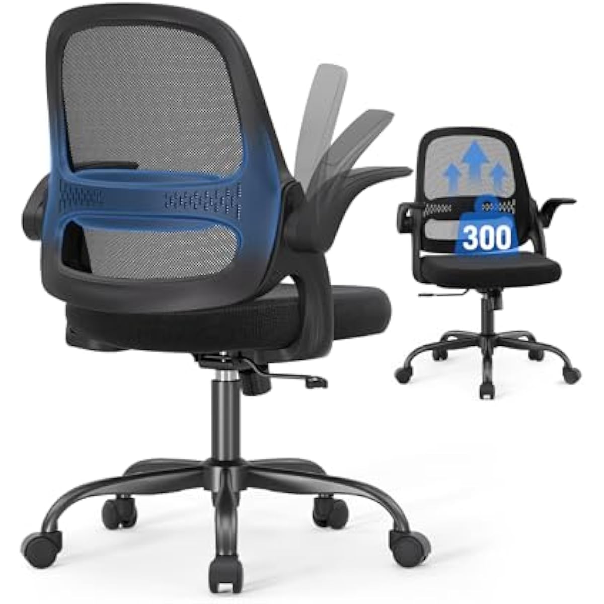 Ergonomic Mesh Office Chair for Home Office, Flip-Up Arms, Breathable Mesh Back & Thick Seat Cushion, Swivel Rolling Computer Desk Chair, BIFMA Certified, Supports 300 lbs (Black Frame/Black Seat)