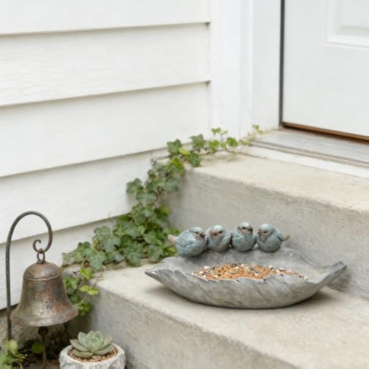 Bird-Feeder Wild Bird-Bath Bowl Outdoors - Garden Decor Polyresin Birds on Leaf 12.4 * 7.5 * 4.1 Inch-Newman House Studio