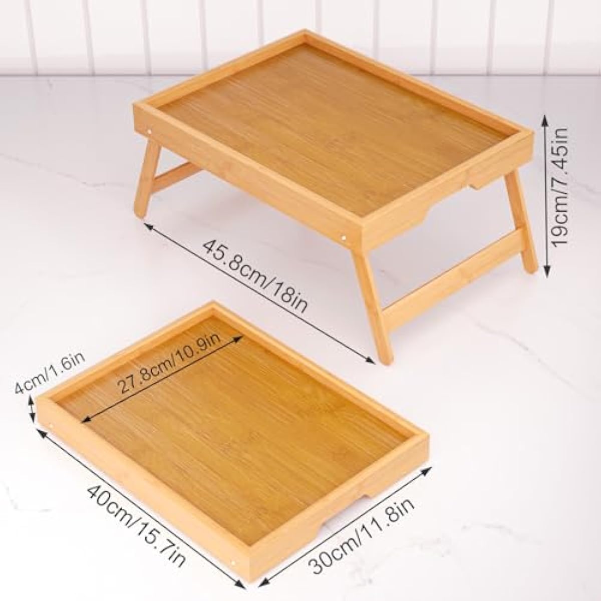 Fibogollo 2 Pack Bamboo Bed Tray Table with Folding Legs,Breakfast Trays,Serving Tray for Food and Snack,Laptop Trays for Working(Natural)