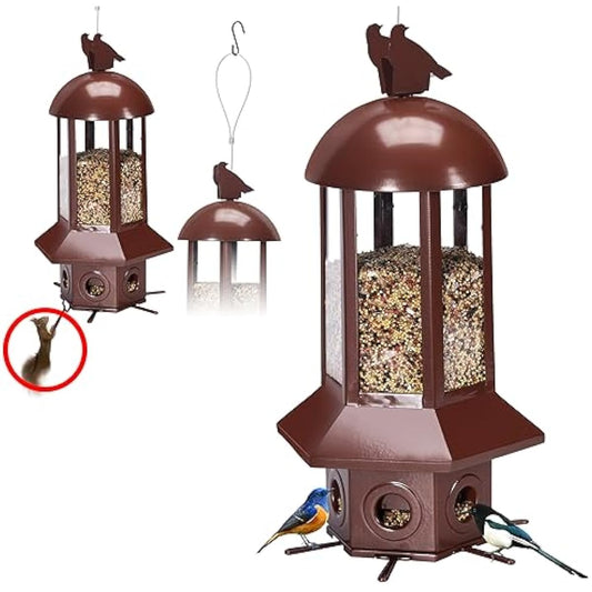 Professional Squirrel Proof Bird Feeders - Sorflife Large Capacity 5.06 lbs, Reliable and Rust Resistant Metal Bird Feeding Station for Prevents Squirrels from Stealing Food and Easy Refilling Brown