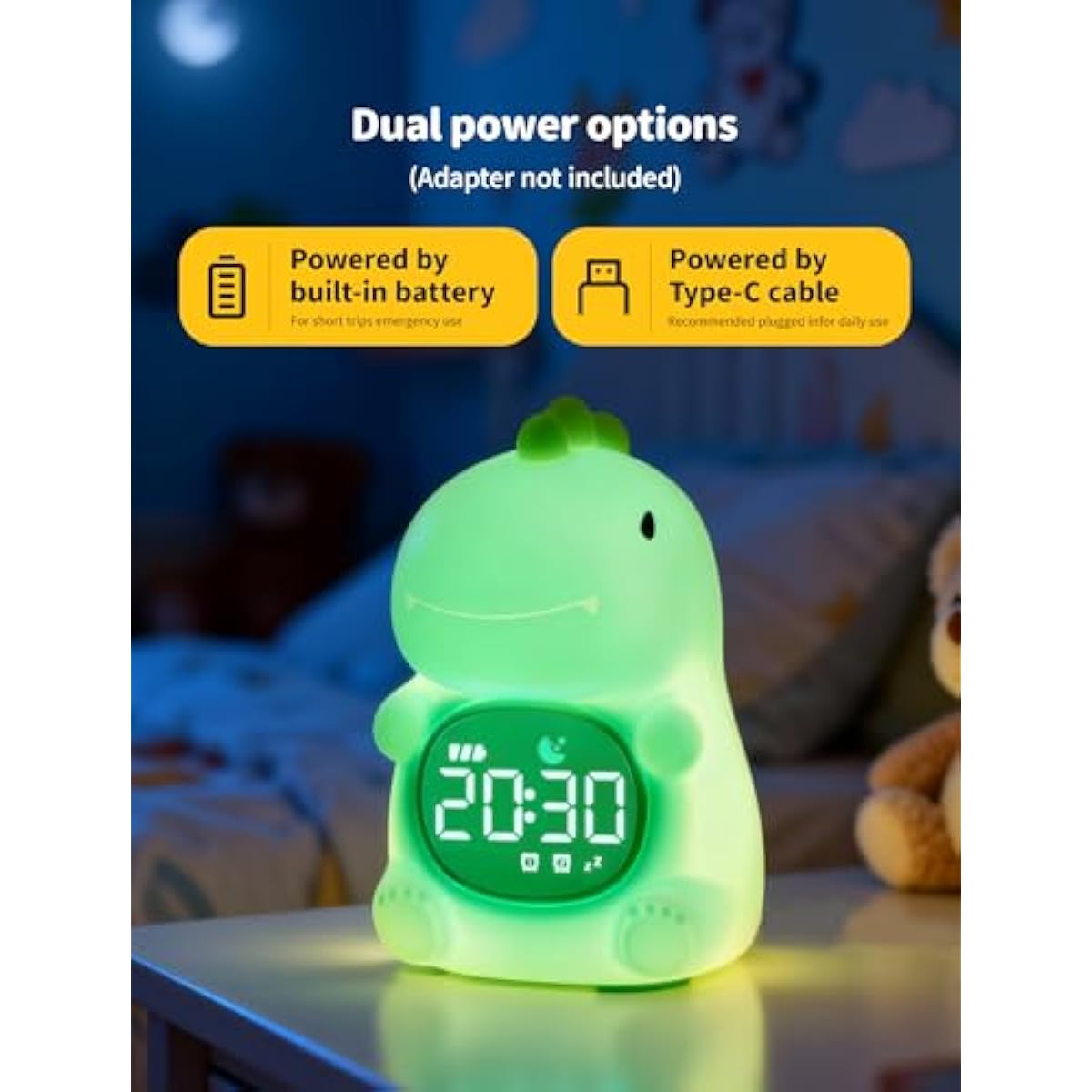MASHI Dinosaur Alarm Clock with Night Light, Toddler Sleep Training Clock with Sun & Moon, Sleep Sound Machine, ok to Wake Clock for Kids, Digital Alarm Clocks for Bedrooms,Gift Ideas for Kids Child