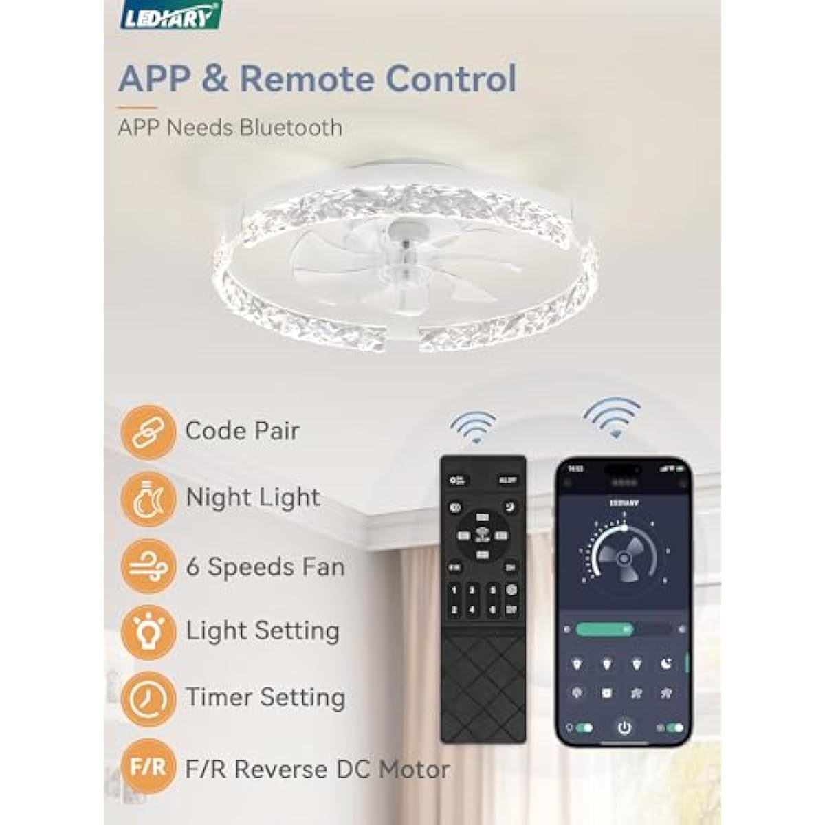 LEDIARY 20 Inch Low Profile Ceiling Fans with Lights and Remote, Fandelier Ceiling Fan Flush Mount, 3000K-6000K Dimmable LED Fan Light, White Modern Ceiling Fans with Lights for Bedroom