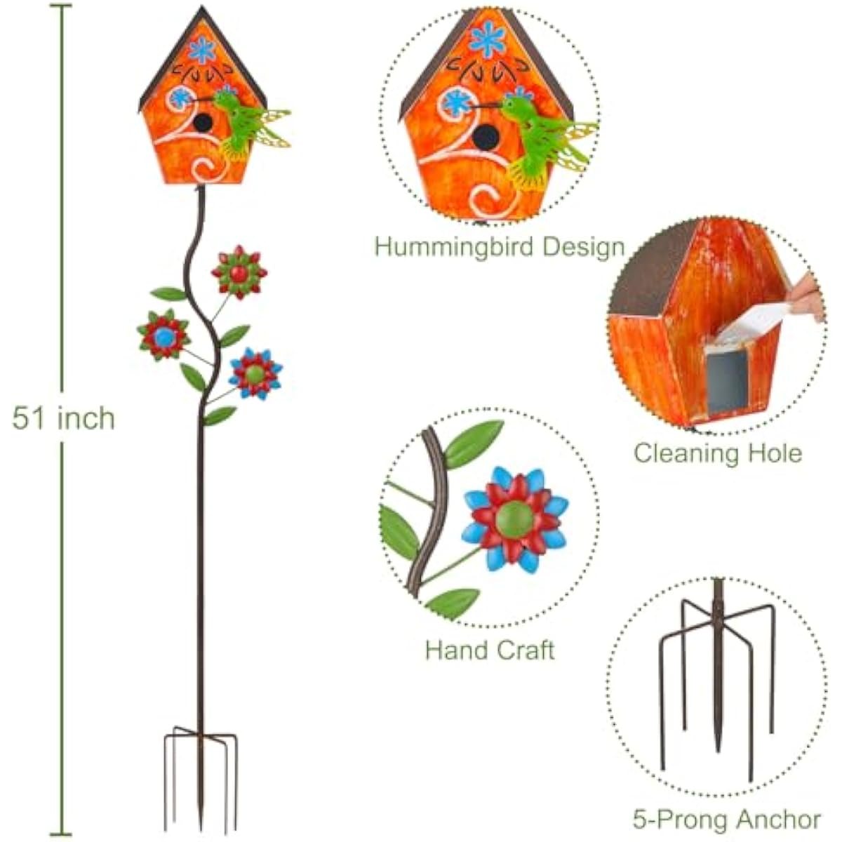 51” Bird Houses Stake for Outside, Metal Wild Bird Feeder Birdhouse Stake Pole with Hummingbird Design Outdoor Decorations for Patio, Backyard, Garden