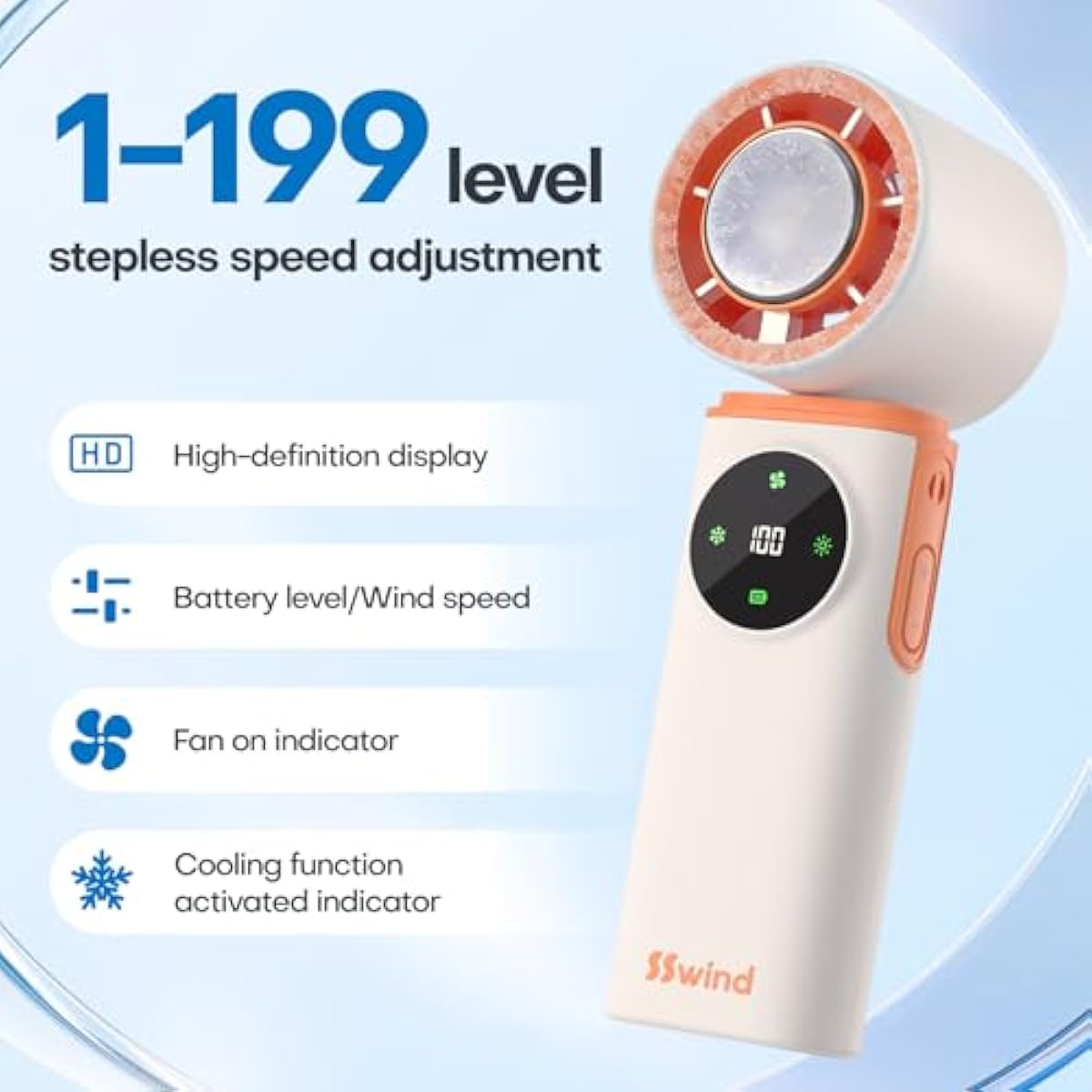 6000mAh Portable Handheld Fan with Ice Cooling, 199 Levels Stepless Speed, 20H Long Battery Life, 20000RPM Turbo Fan Rechargeable Personal Mini Fan for Travel, Outdoor, Makeup (White)