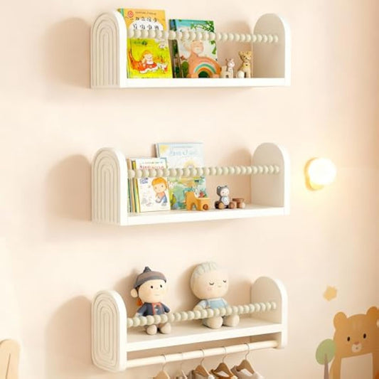 OurWarm Nursery Book Shelves for Wall Set of 3, White Natural Wood Nursery Floating Shelves with Towel Bar, Wall Mounted Floating Bookshelves for Baby Room Kids Room Living Room Storage and Decor