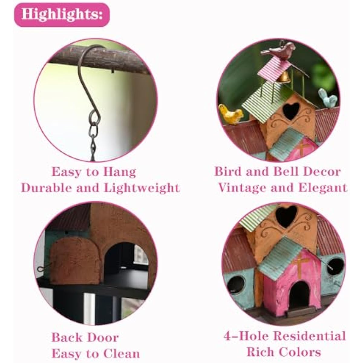Large Bird Houses for Outside Hanging, 4 Hole Outdoor Bird House with Bell, Easy Clear, Colorful Metal Bird Houses for Outside.