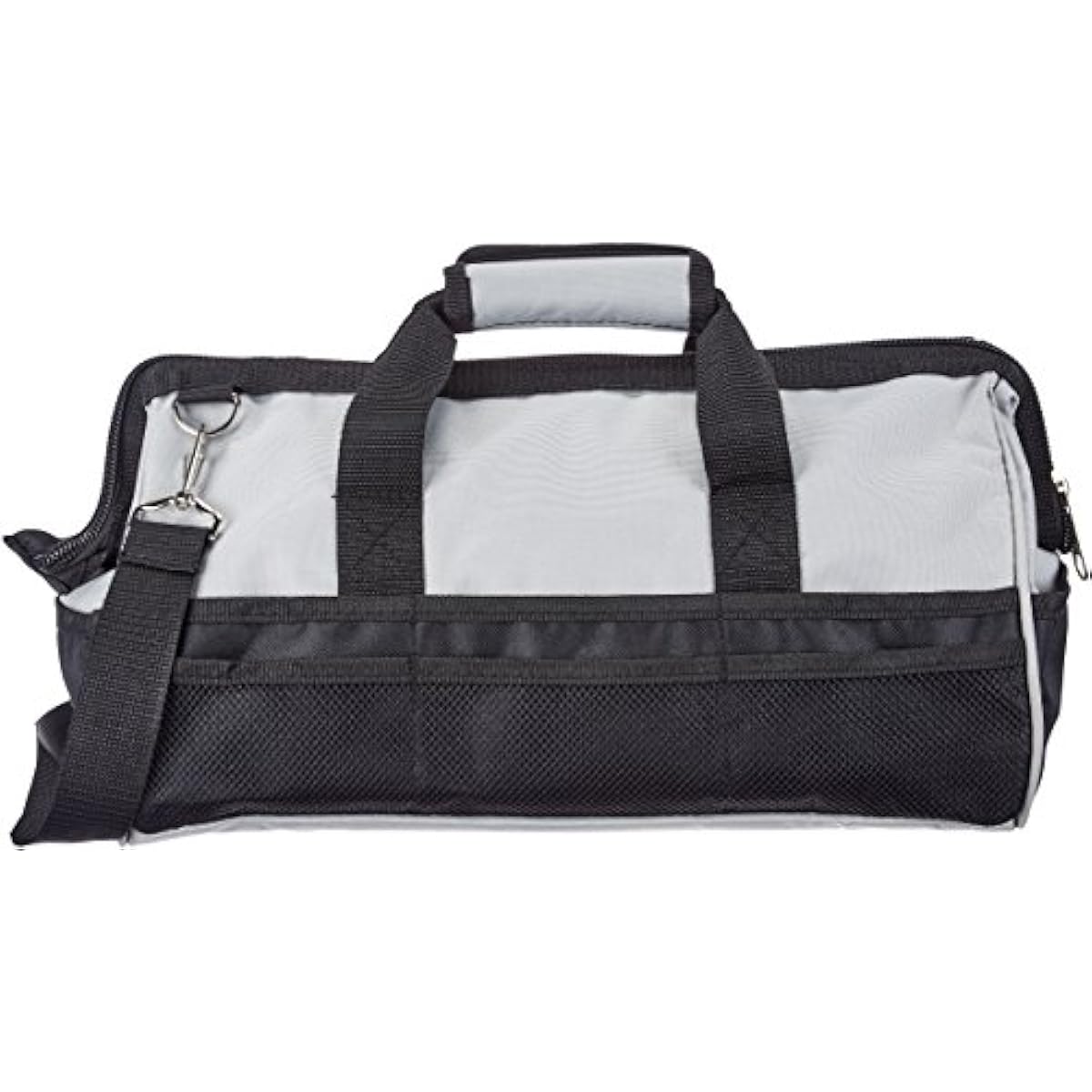 Amazon Basics Durable Wear-Resistant Tool Storage Bag with Adjustable Shoulder Strap, Portable Tool Organizer, 16 in, Black & Grey