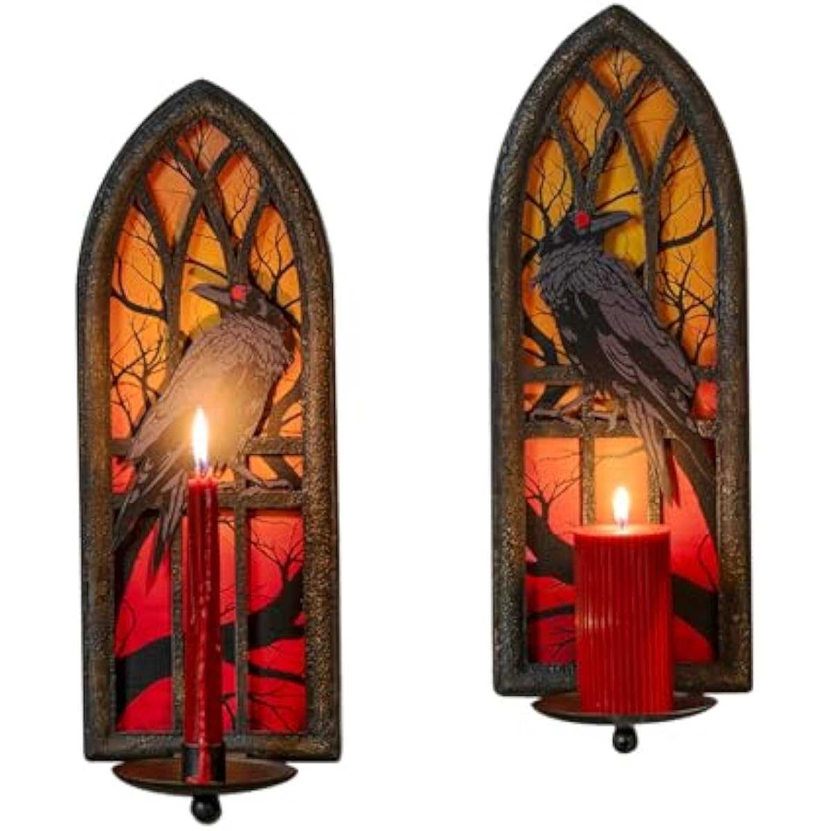 Gothic Wall Candle Sconces Set of 2, Wrought Iron Crow Wall Mounted Candelabra Holder with Removable Trays for Taper & Pillar Candles, Medieval Cathedral Window Design, Dark Academia Decor
