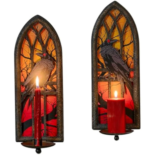 Gothic Wall Candle Sconces Set of 2, Wrought Iron Crow Wall Mounted Candelabra Holder with Removable Trays for Taper & Pillar Candles, Medieval Cathedral Window Design, Dark Academia Decor
