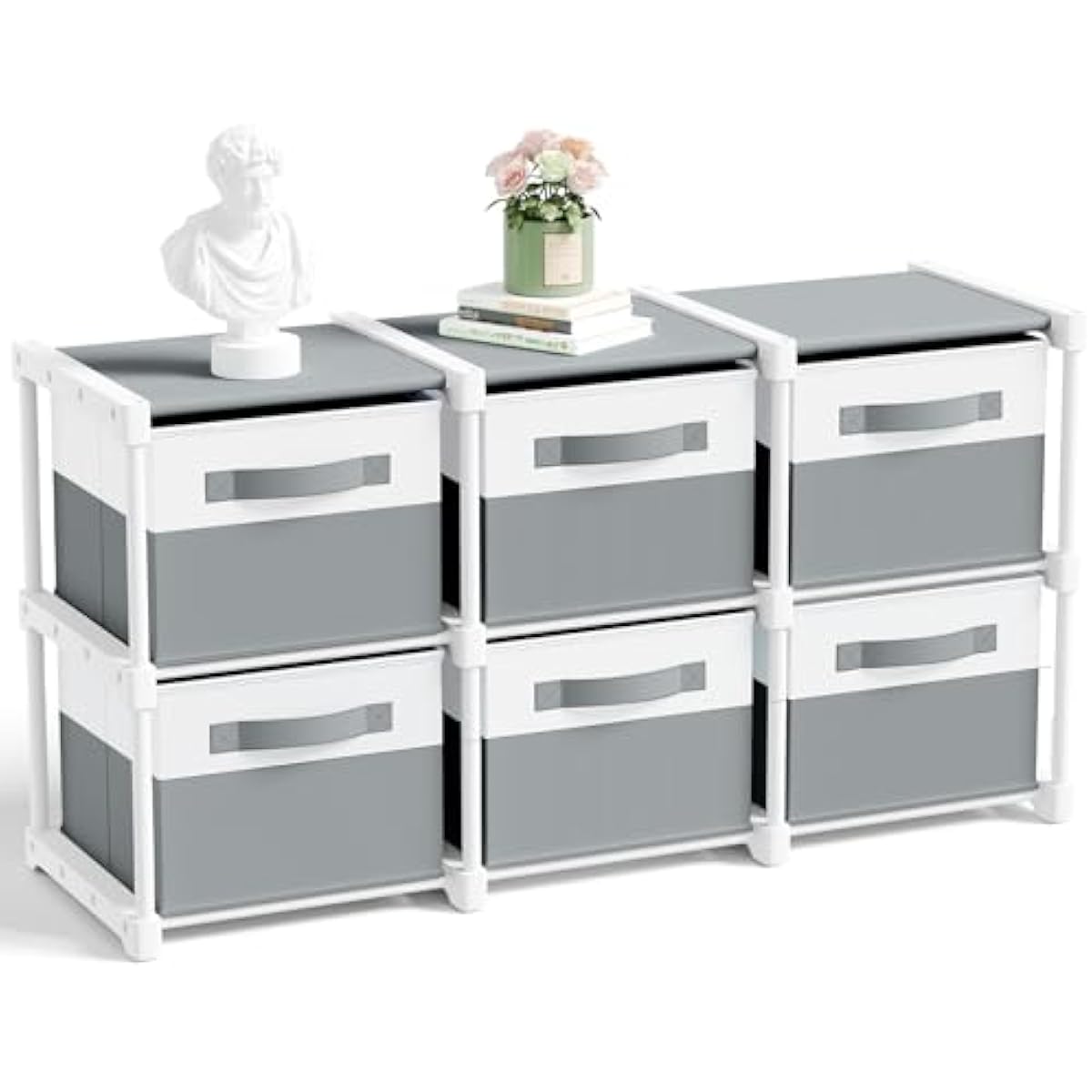 Thyle Large Cube Storage Organizer Shelf with 6 Bins 14 Inch Fabric Collapsible Cubby Storage Drawers Shelving Unit for Christmas Ornaments Clothes Toys Craft(Gray-white,Minimalist)