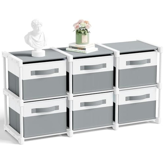 Thyle Large Cube Storage Organizer Shelf with 6 Bins 14 Inch Fabric Collapsible Cubby Storage Drawers Shelving Unit for Christmas Ornaments Clothes Toys Craft(Gray-white,Minimalist)