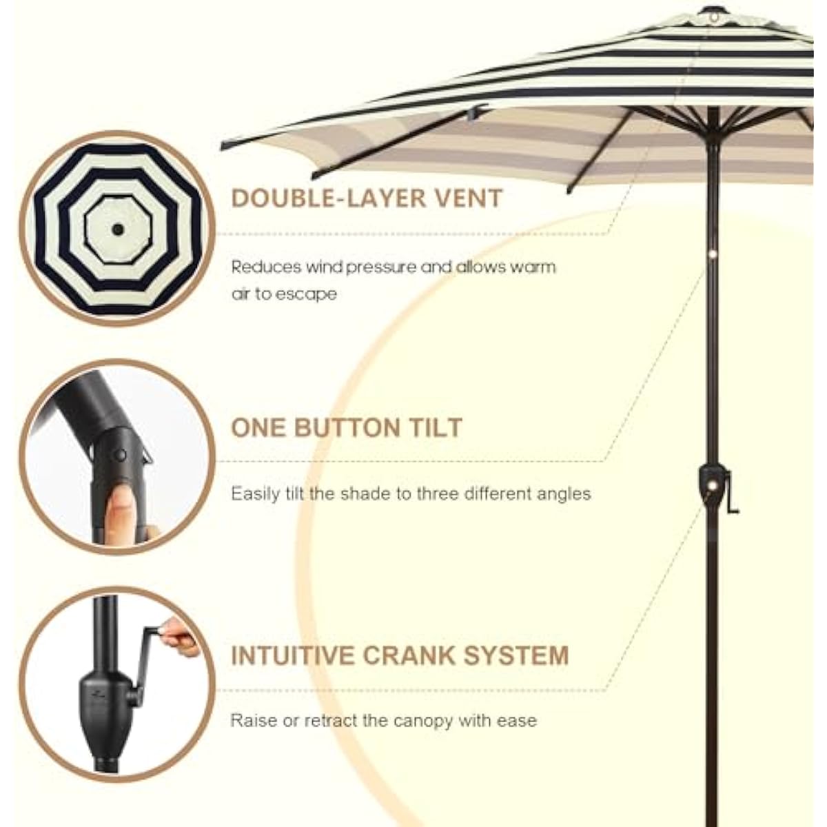Abba Patio 9FT Lyon Outdoor Patio Umbrella Outdoor Table Umbrella with Push Button Tilt and Crank Market Umbrella 8 Sturdy Ribs UV Protection Waterproof for Garden Deck Backyard Pool, Black & Ivory