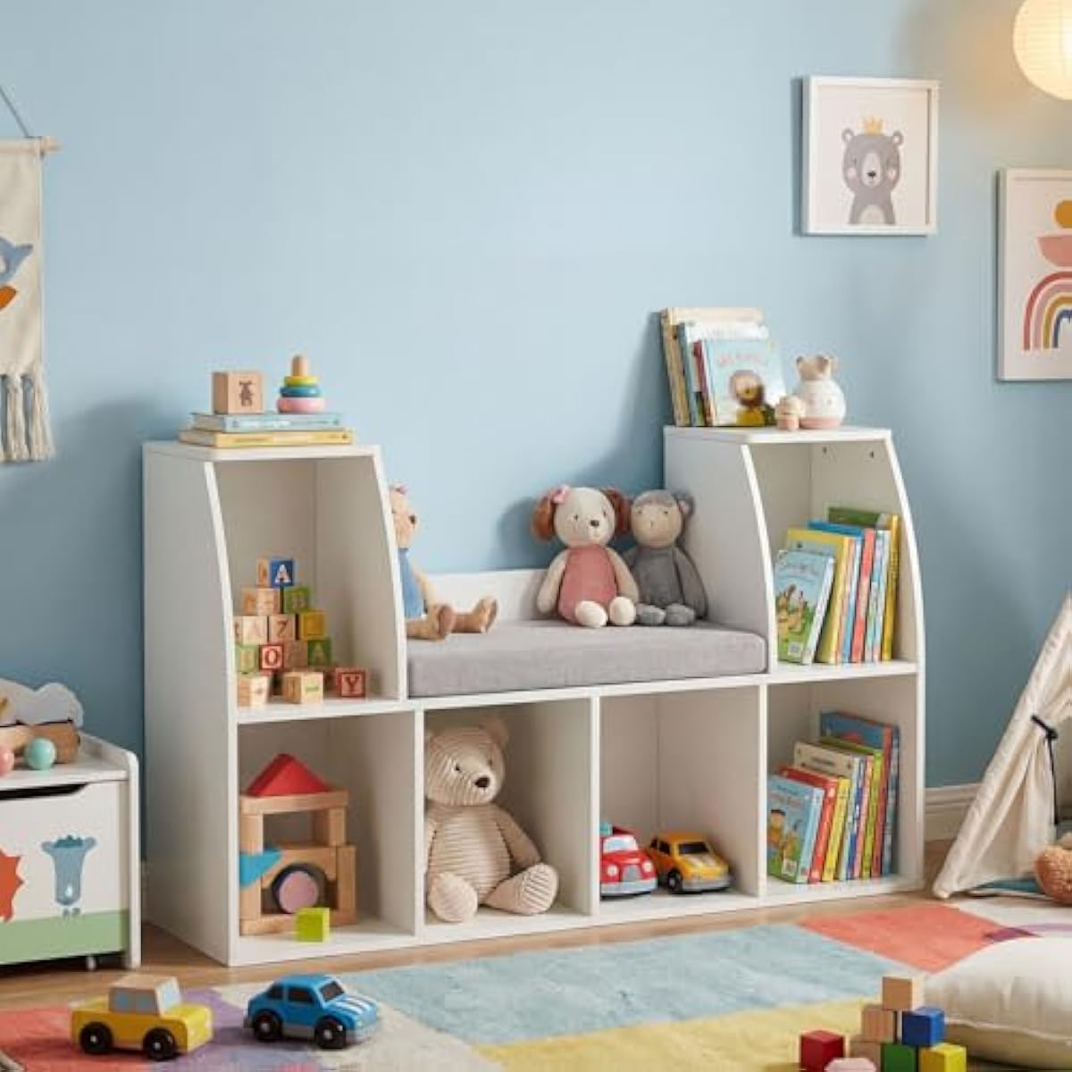 Costzon Kids Bookshelf with Reading Nook, 6 Cubby Bookcase with Soft Seat Cushion, Wooden Toy Storage Organizer with Bench, Book Shelf for Kids Room, Playroom, Nursery, Daycare