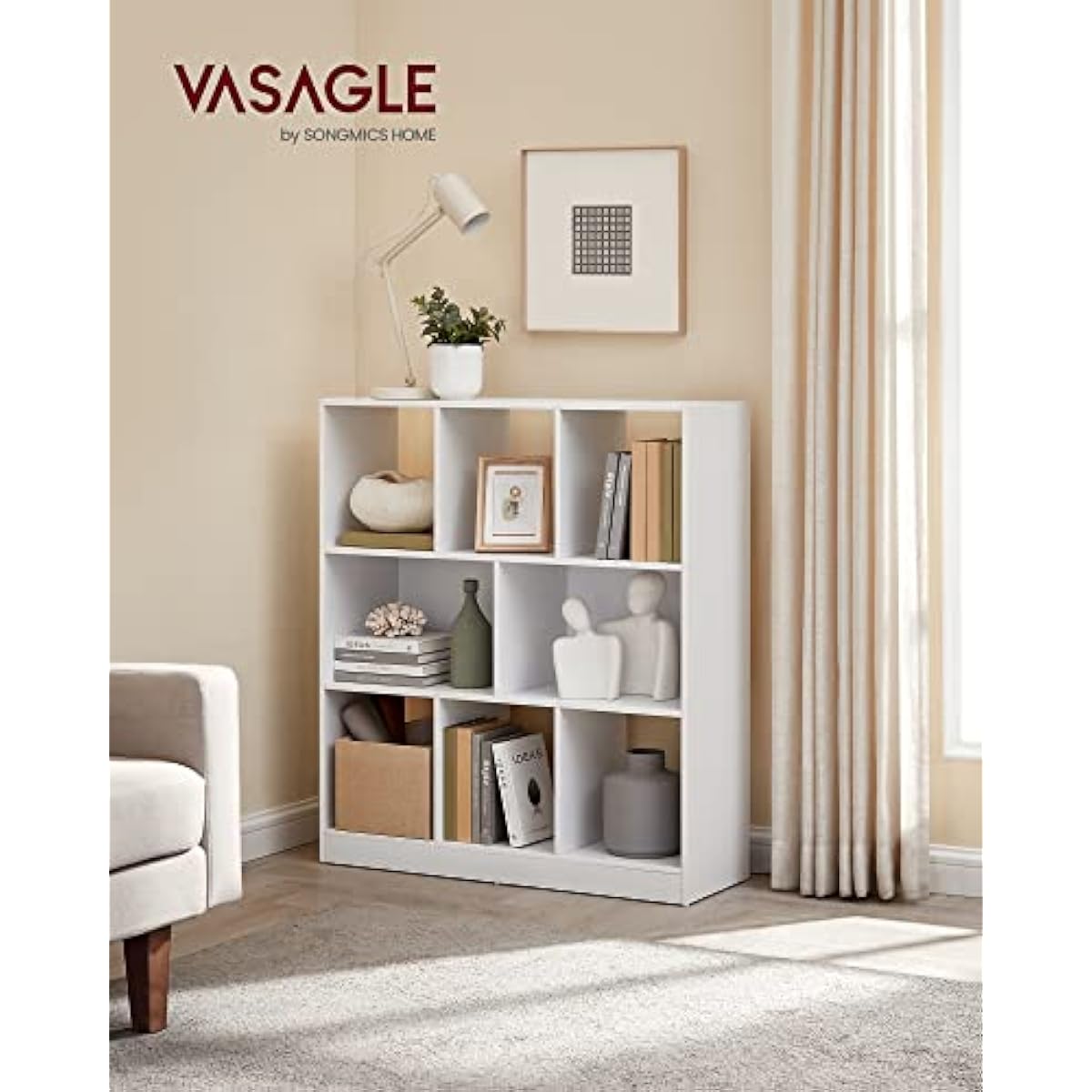 VASAGLE Bookcase, Bookshelf, Freestanding Storage Unit, 8 Open Compartments, Used Horizontally, Vertically, Upside Down, 11 x 35.4 x 39.4 Inches, for Living Room, Study, Office, Cloud White ULBC55WT