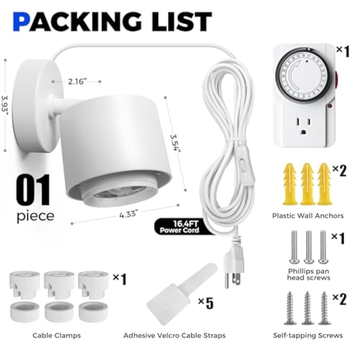 Barrina TR40a Track Grow Light for Indoor Plants, 40W Wall-Mounted Grow Bulbs with Adjustable Beam Angle (15°-60°), 5000K Full Spectrum Plant Spotlight with Timer & 16.4' Power Cord, 1-Pack