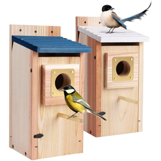 Bird Houses for Outside 2Pack with Copper Guard,Thicken Wooden Bluebird House Clearance Garden Country Cottages, Nesting Box for Finch Swallow Wren Chickadee Wild Bird Supplies, Easy to Assemble