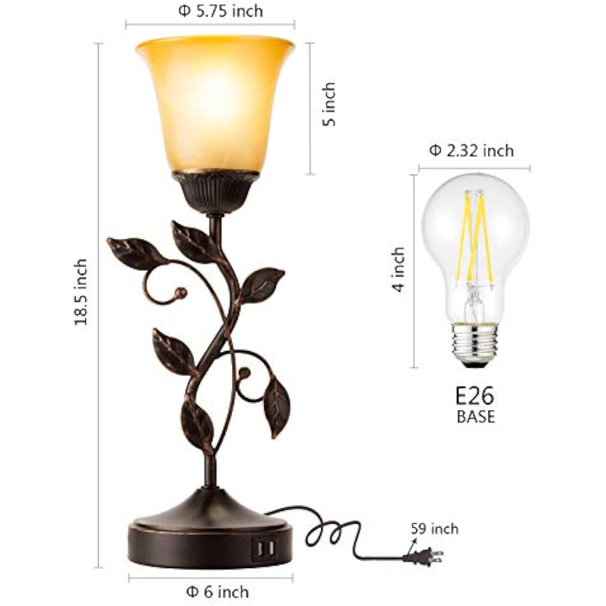 Touch Control Table Lamp with 2 USB Charging Ports, 3-Way Dimmable Bedside Nightstand Lamps, Amber Glass Shade Vintage Rural Leaf Lamp for Living Room, Bedroom, Dresser, LED Bulb Included (Bronze)