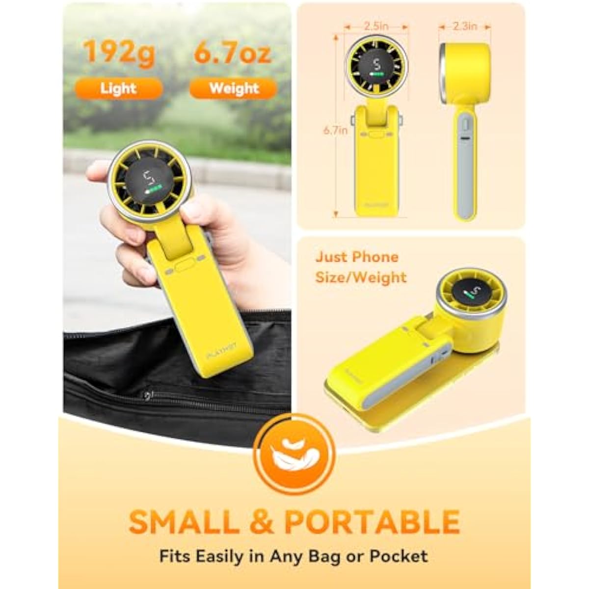PlayHot Portable Handheld Turbo Fan, 5-Speed Personal Fans, 5000mAh Rechargeable Fans Up to 12 Hours, Weight only 0.6lb Small Fan, Hand/Neck/Desk Fan 3 IN 1, Beach Vacation Essentials(Yellow)