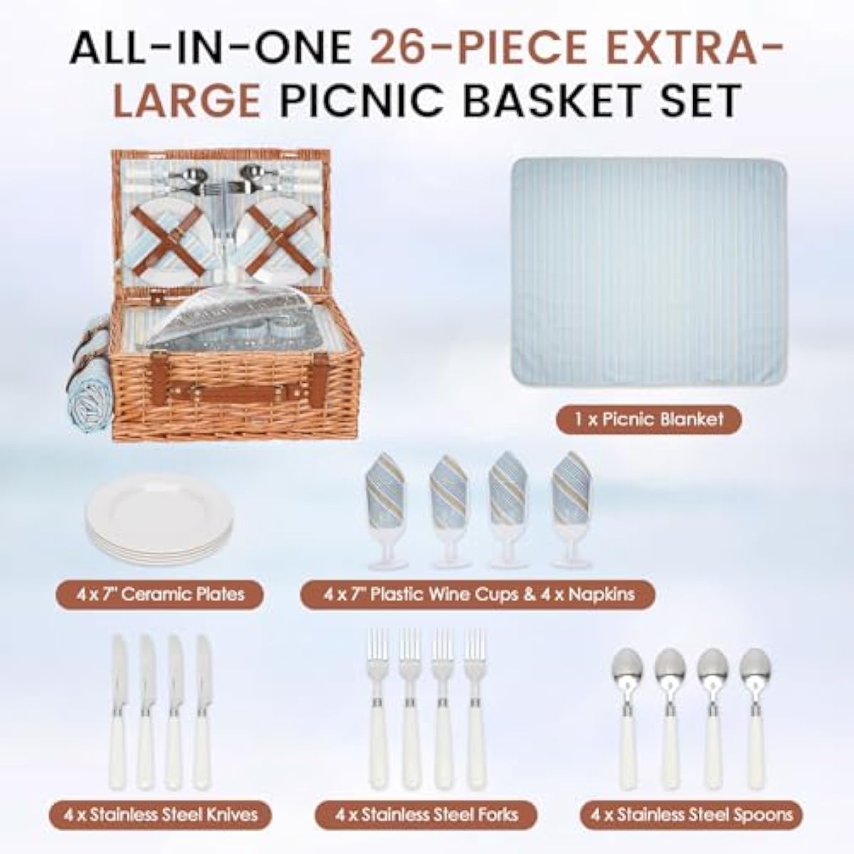 HappyPicnic Wicker Picnic Basket Set for 4 Persons | Large Willow Hamper with Large Insulated Cooler Compartment, Waterproof Blanket and Cutlery Service Kit-Classical Brown