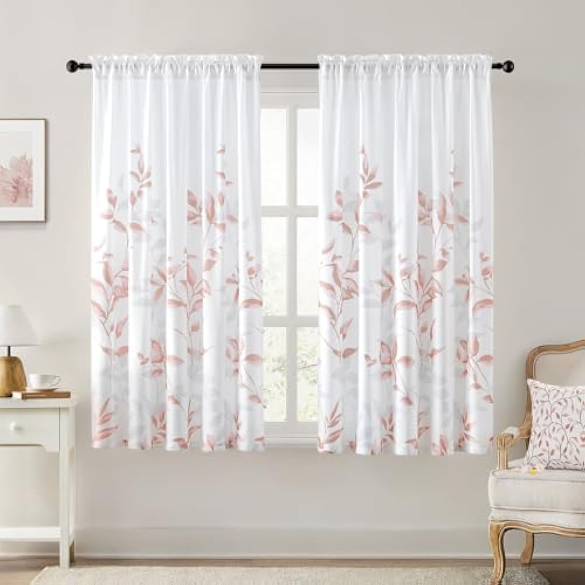 HOMEIDEAS Non-See-Through Pink and White Privacy Sheer Curtains 52 X 63 Inch Length 2 Panels, Leaf Floral Printed Light Filtering Semi Sheer Window Curtains Drapes for Bedroom Living Room