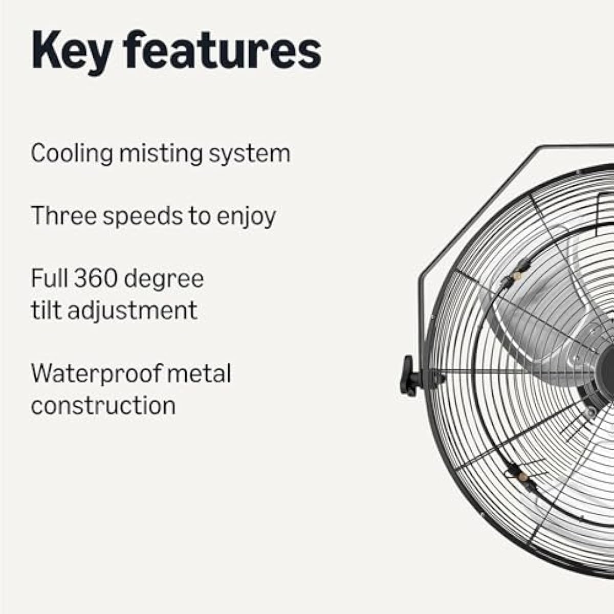 Amazon Basics 18" Outdoor Heavy-Duty Misting Fan, Wall-Mounted, Industrial, Waterproof (IP44), With Tilt Head, Metal Blades, Dual Ball Bearing Motor, 3 Speeds Up to 1550 RPM and 3781 CFM, Black