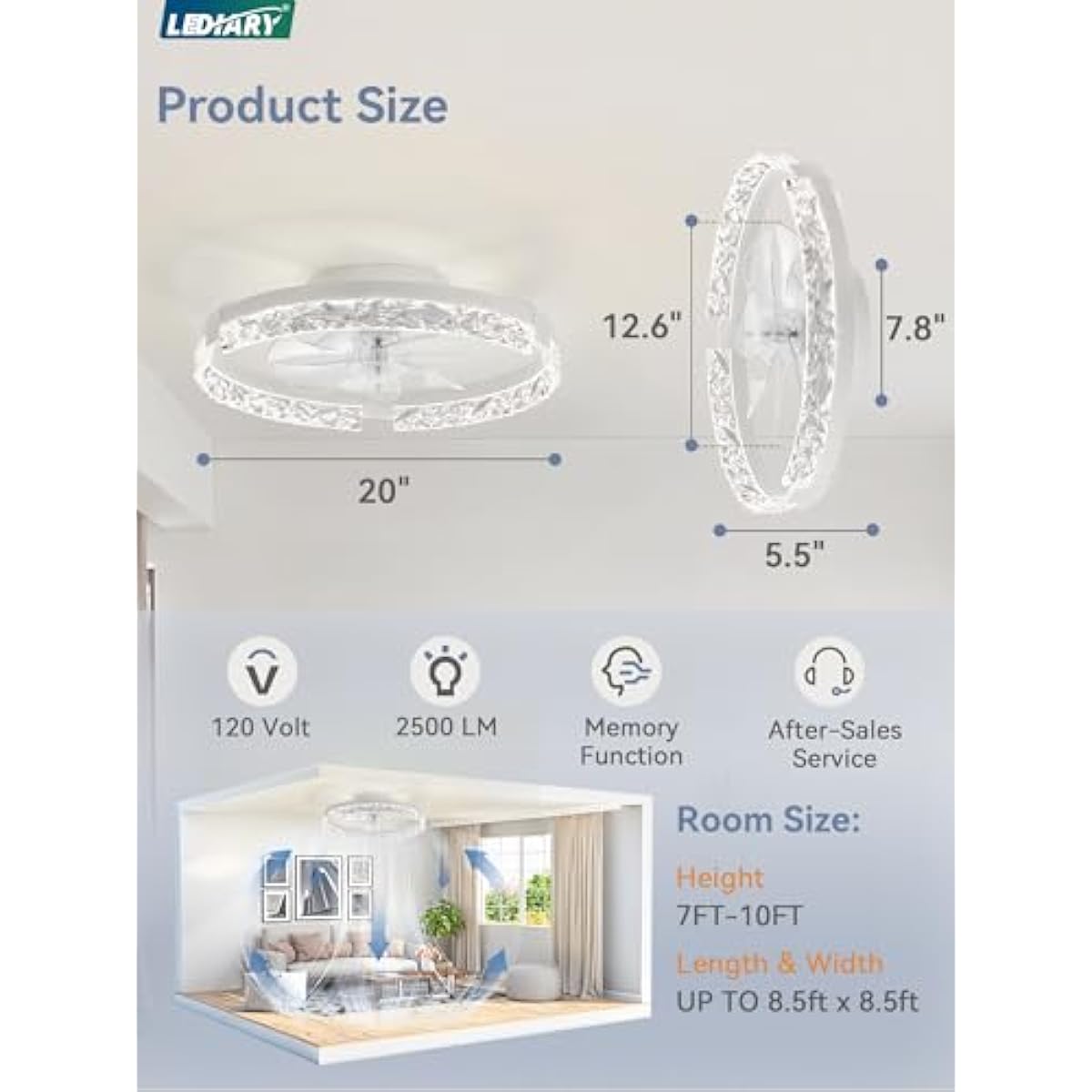 LEDIARY 20 Inch Low Profile Ceiling Fans with Lights and Remote, Fandelier Ceiling Fan Flush Mount, 3000K-6000K Dimmable LED Fan Light, White Modern Ceiling Fans with Lights for Bedroom